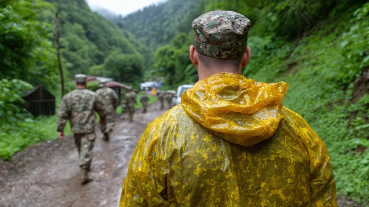 Military Personnel in Rain Gear Navigate a Wet Mountain Trail Surrounded by Lush Greenery and Foggy Landscape, Showcasing Their Preparedness in Adverse Conditions