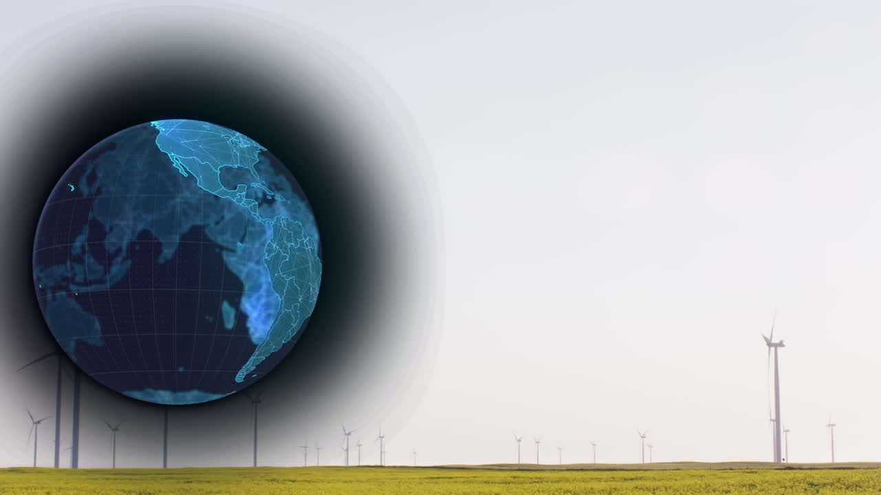 시골의 풍력 터빈 위의 지구의 애니메이션