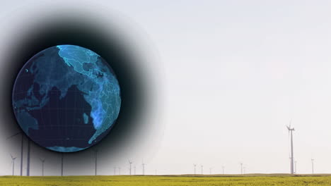 animation of globe over wind turbines in countryside