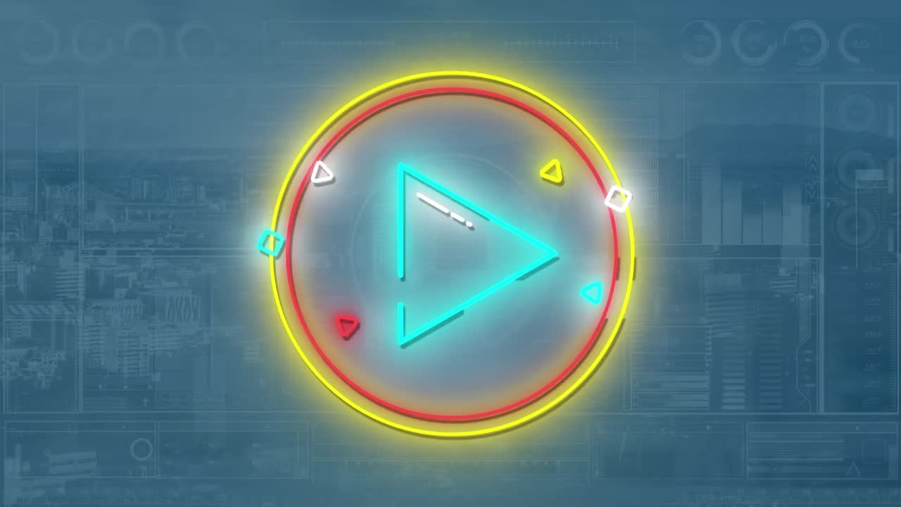 animación de flecha de neón sobre el paisaje urbano y procesamiento de datos