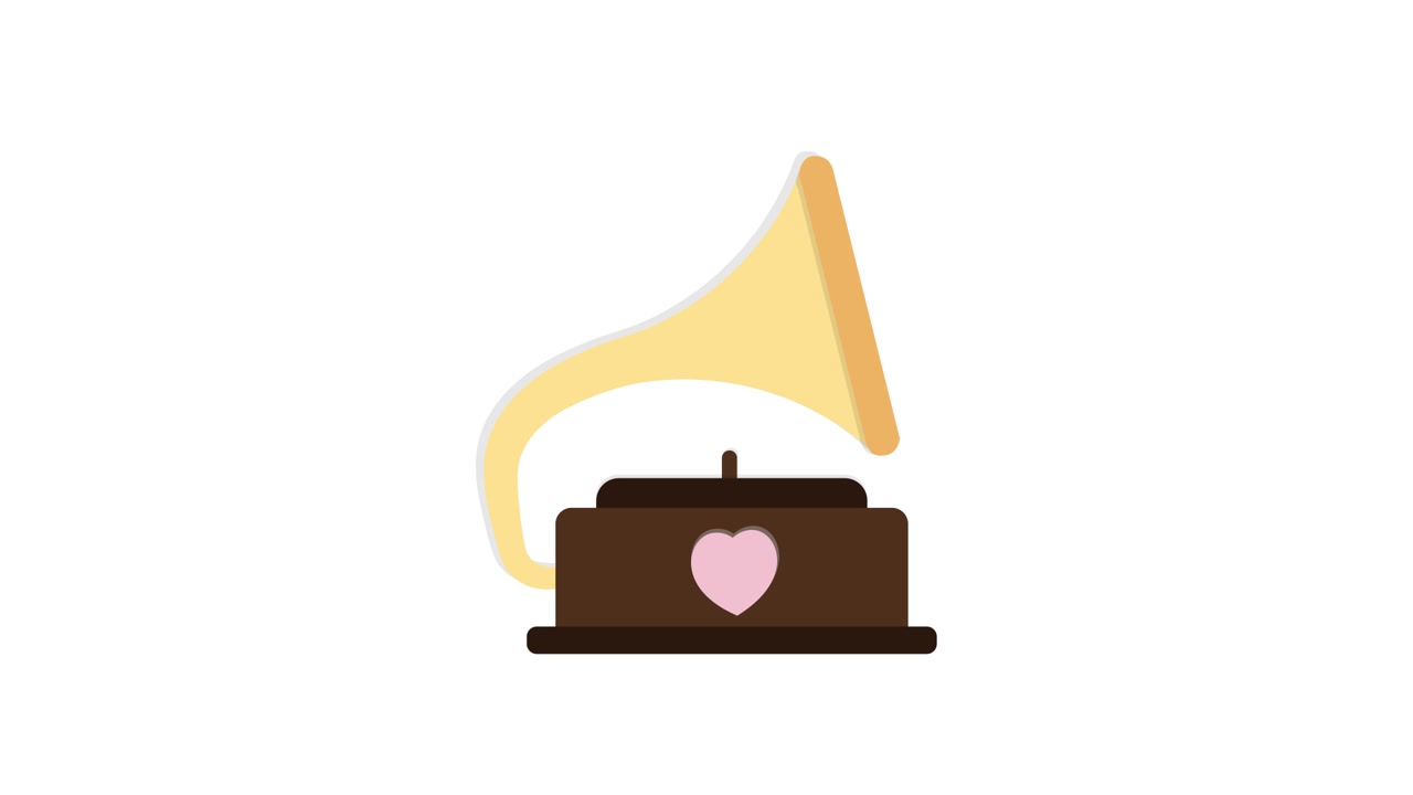 Grammofono animato con icona a forma di cuore che appare e scompare