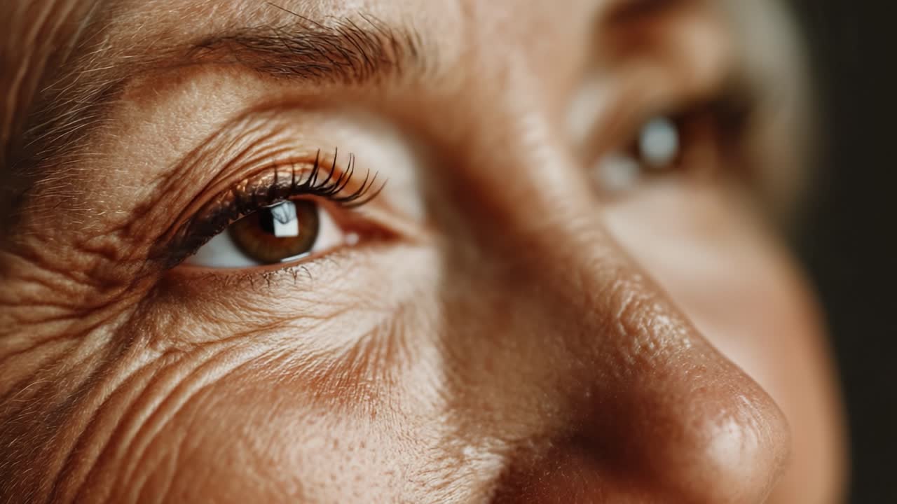 A Close-Up of an Aging Woman's Face, Capturing the Beauty of Time with Details in Her Skin, Eyelids, and Eyes Reflecting Wisdom and Life Experiences