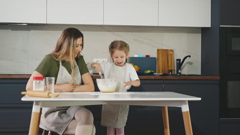 happy-mother-with-daughter-mix-dough-at-table-in-kitchen