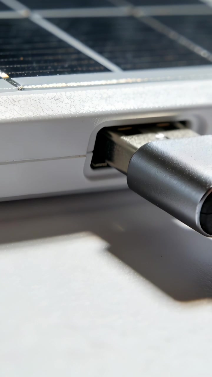 Vertical video: Sliding USB plug into solar device port on table after press to connect, copy space