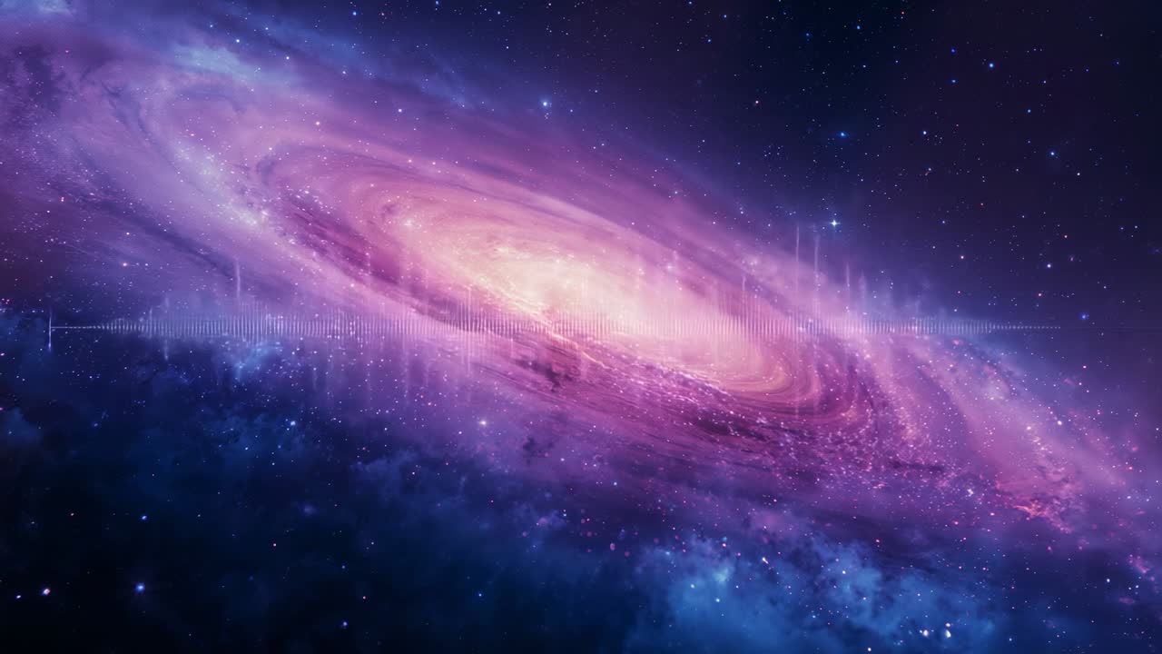 Pulsating spiral galaxy reacting to unseen soundtrack in space, with audio waveform overlay