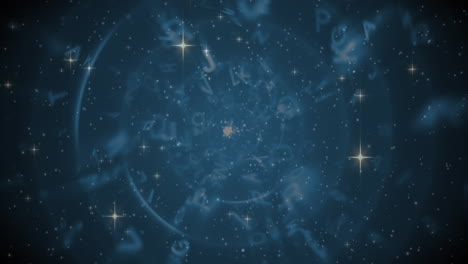 Animation of christmas stars rising over smoke and letters on black background