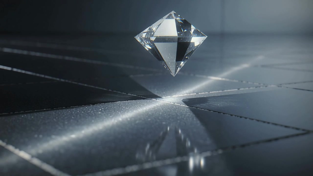 Floating Diamond Gemstone Rotating Above a Reflective Grid Surface