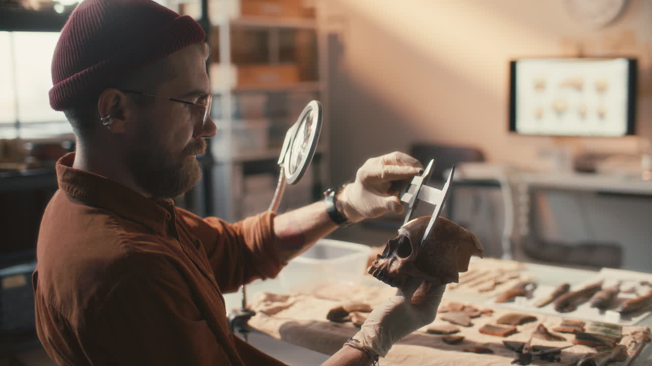 Researcher Measuring Human Skull with Caliper in Archaeology Laboratory