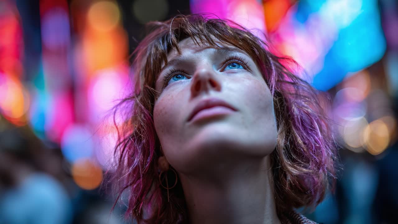 A Young Woman Gazes Upward with Wonder in a Neon-lit Environment, Captured Amidst a Vibrant Display of Colors and a Bustling Urban Scene