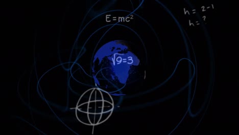 animation of rotating globe and math formulas on black background