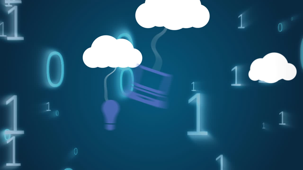 animación de iconos de nubes y procesamiento de datos sobre un fondo oscuro