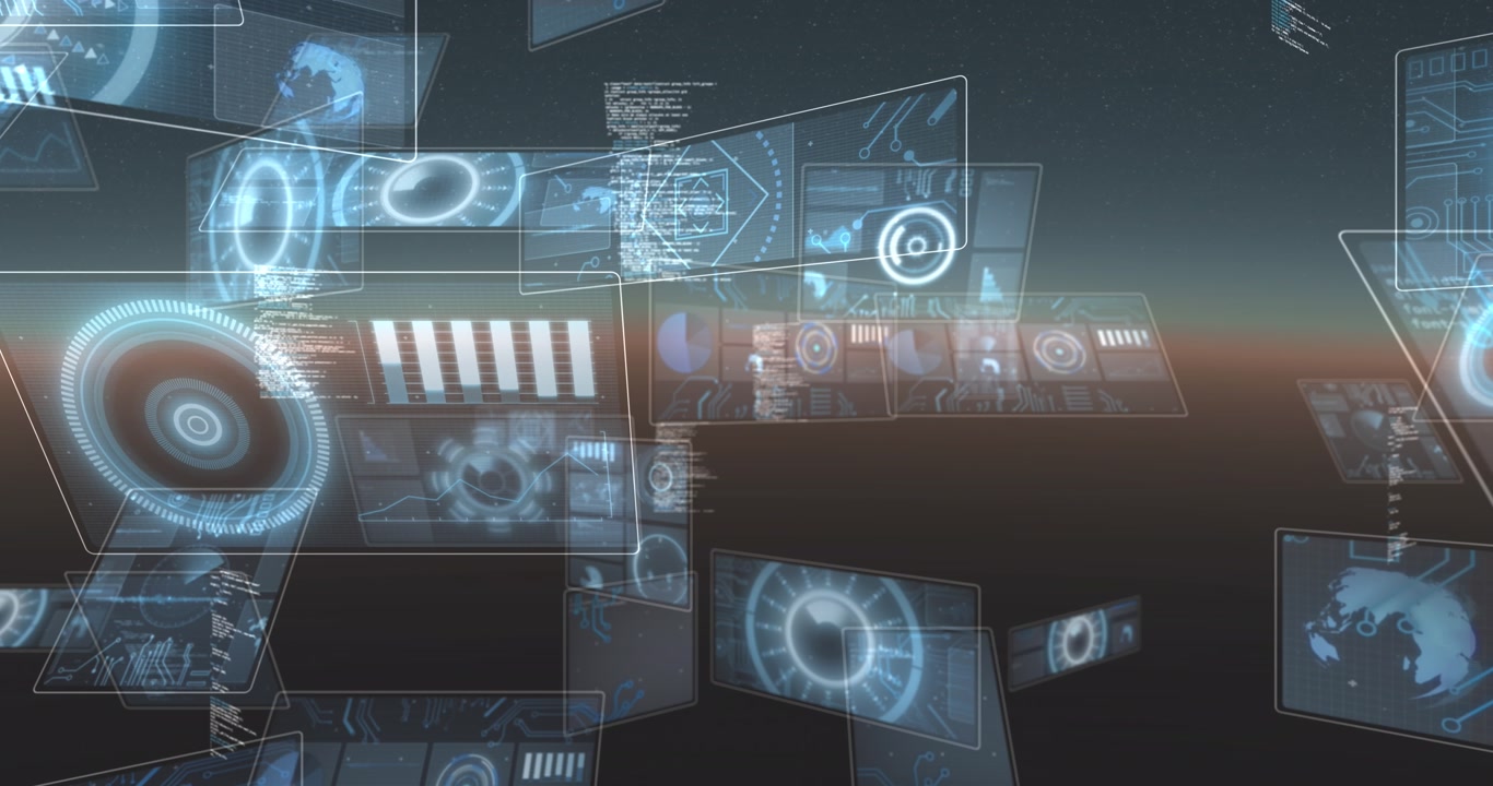 Animation of circles on screens floating over sunset landscape