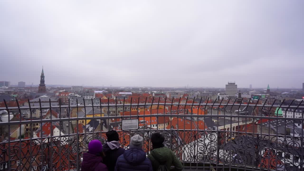 Panoramic handheld circular view of downtown Copenhagen on cloudy overcast day, Denmark
