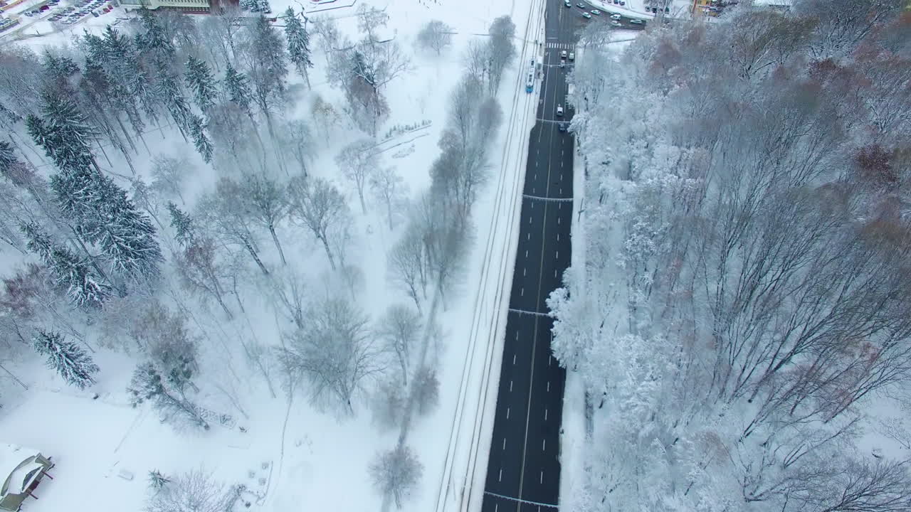 Flying over and along the road in the city covered with snow. Park with bare trees in snow. High buildings at backdrop.