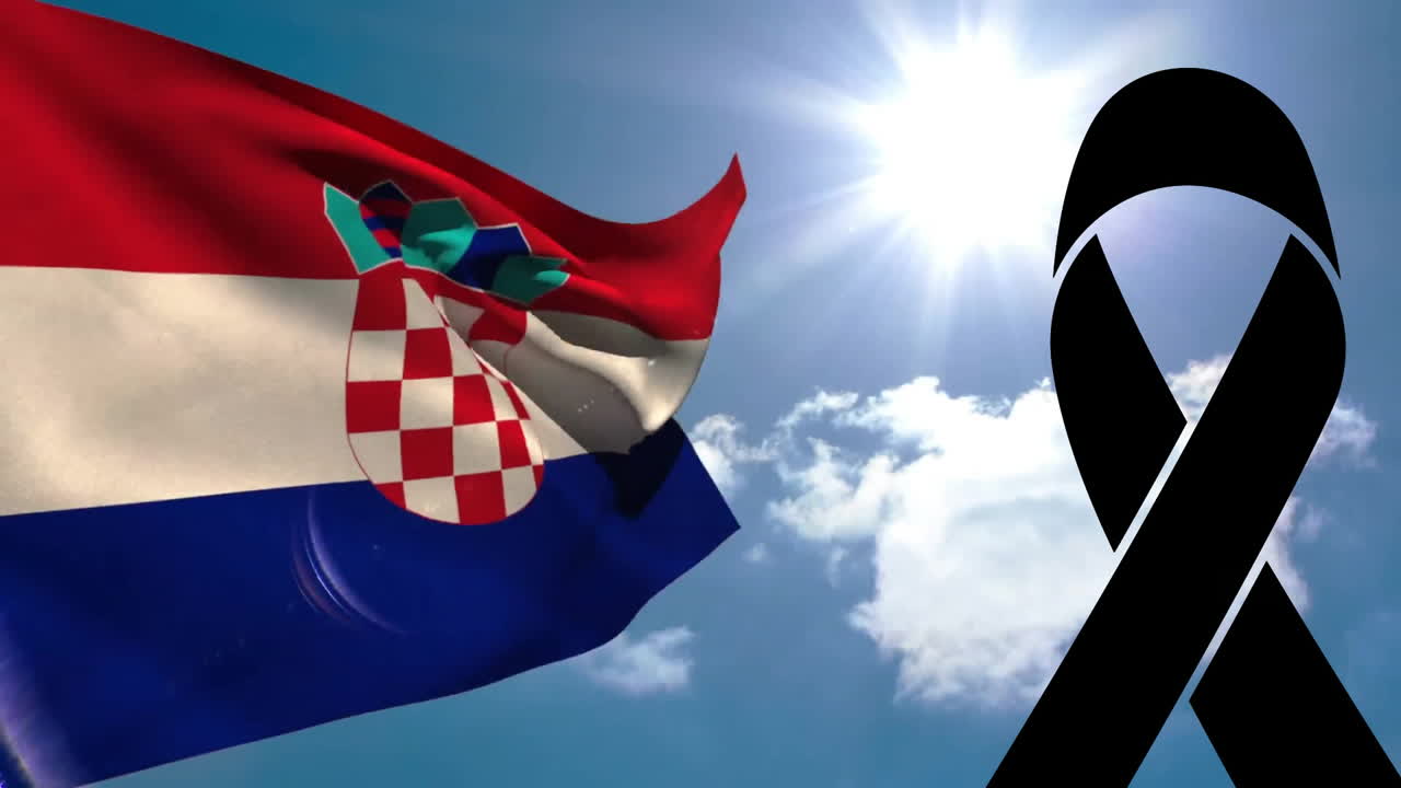 Waving Croatian flag with black ribbon under bright sun and clouds animation