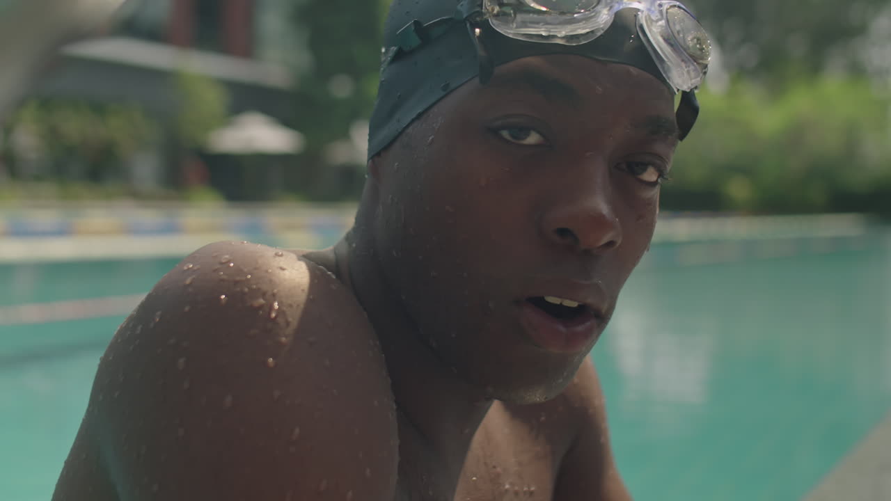 Portrait of African American Swimmer at Outdoor Pool