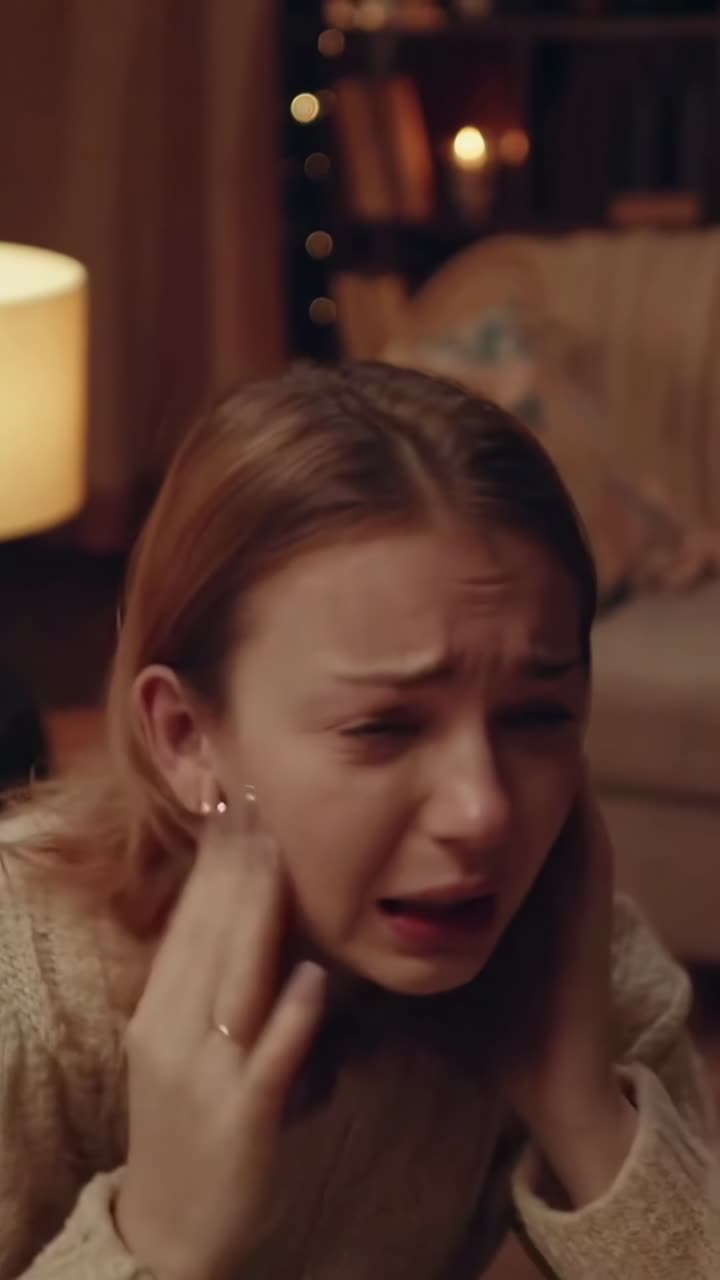 Close-up video of a distressed woman in a cozy room, shot from a low angle