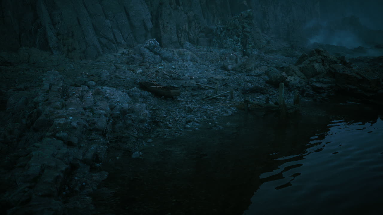 Silent nocturnal scene of calm water reflecting rugged cliffs