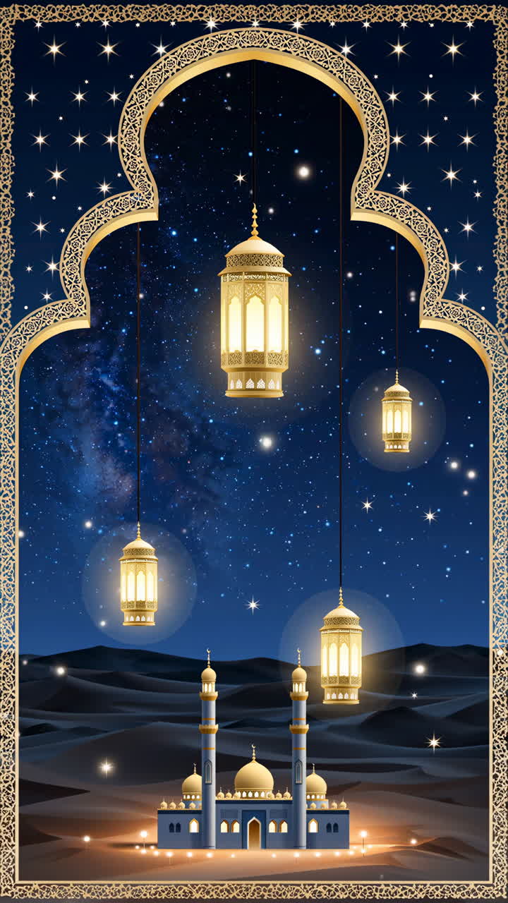 A Night Desert Scene with Mosque, Lanterns, and Starry Sky
