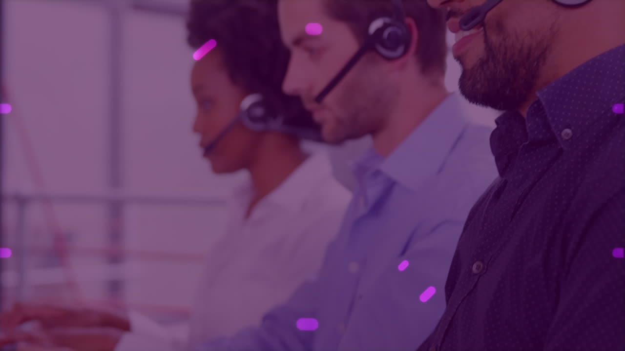 Animation of network of connections over office workers wearing headsets