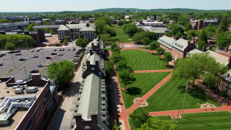 University-of-Delaware-long-drone-shot-over-quad-sunny-summer-day