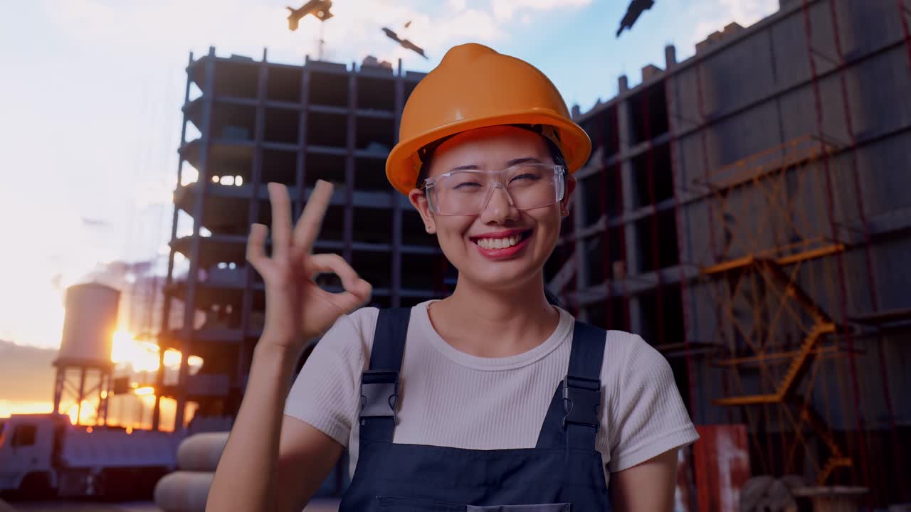 Close Up Of Asian Woman Worker Wearing Goggles And Safety Helmet Smiling And Showing Okay Gesture To Camera While Standing At Construction Site