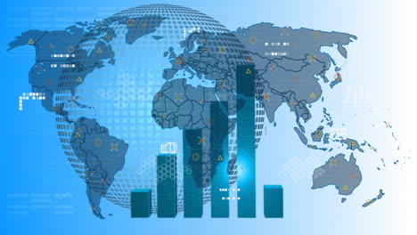 animation of network of connections and data processing over globe and world map