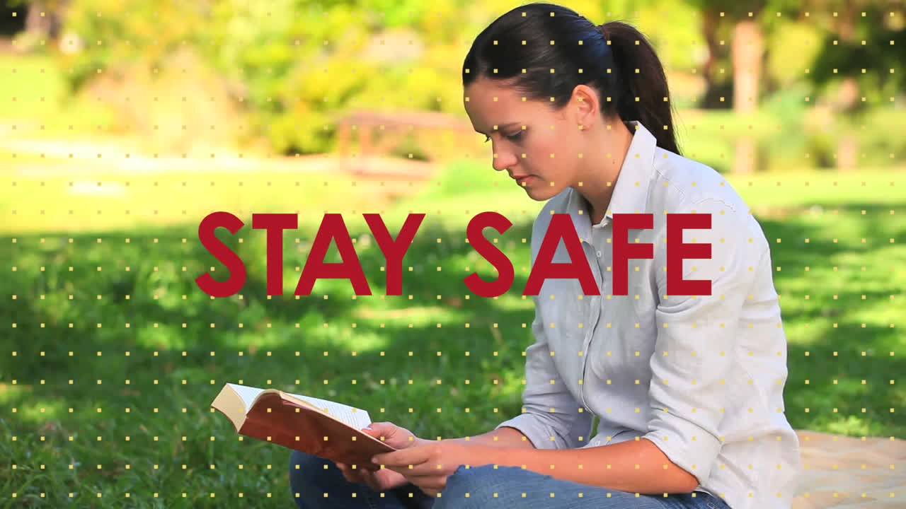 책을 읽는 백인 여성에 대한 사회적 거리두기 메시지의 애니메이션