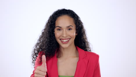 Daumen-Hoch,-Glücklich-Und-Gesicht-Einer-Frau-Im-Studio