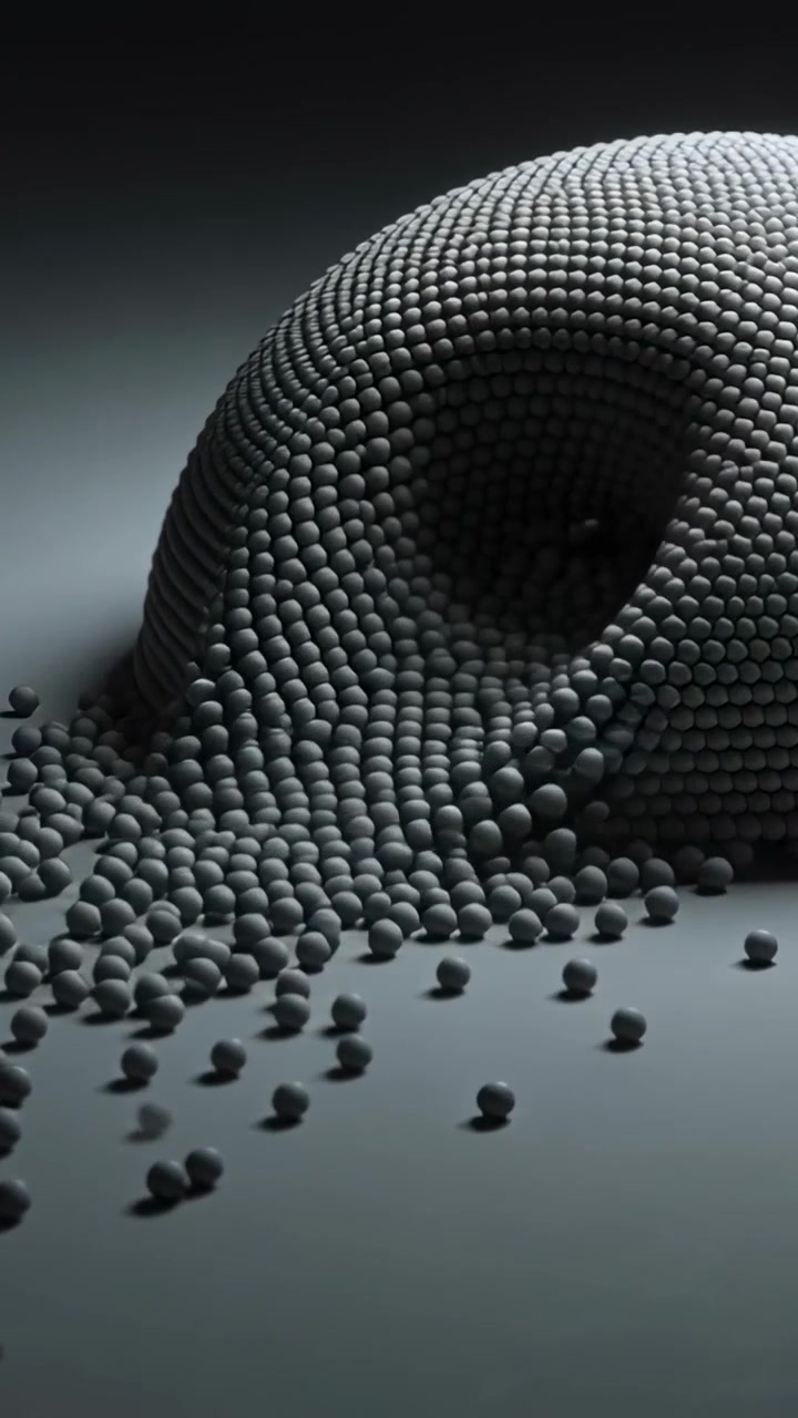 Vertical video: Shifting textured dome shedding spheres in studio, showing dark cavity with overlay