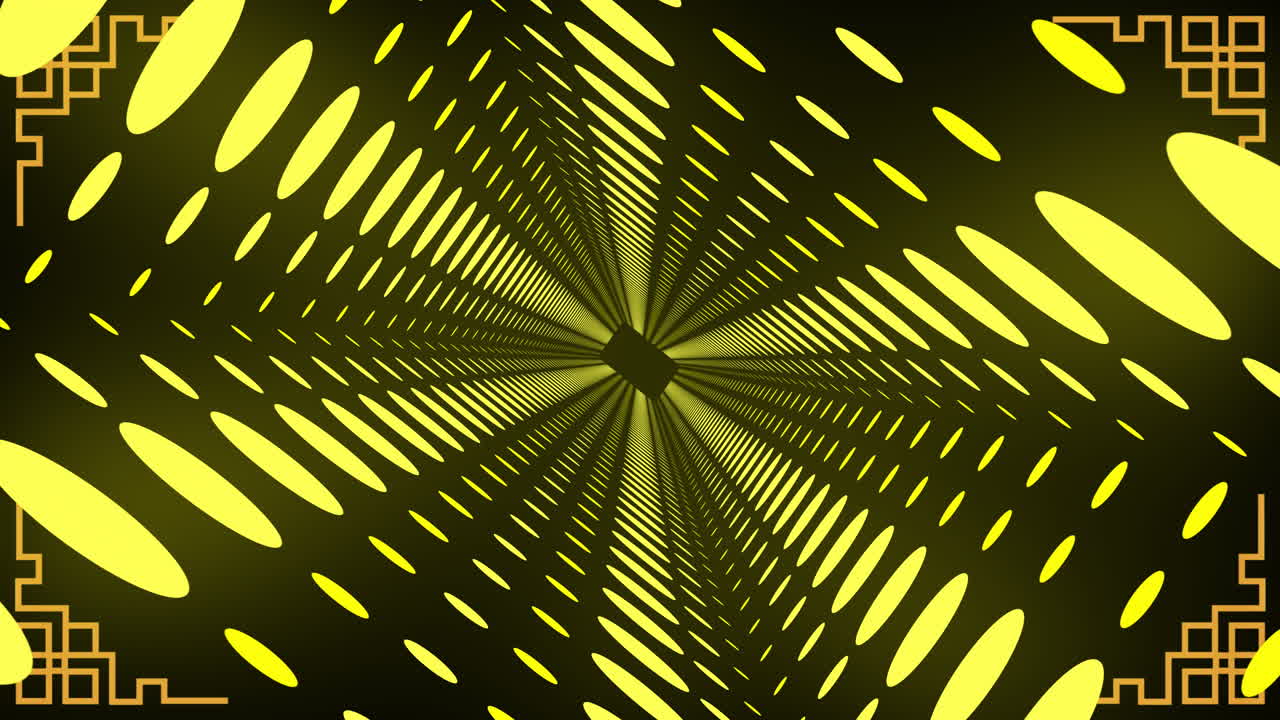 Animation of glowing yellow neon light tunnel moving over black background