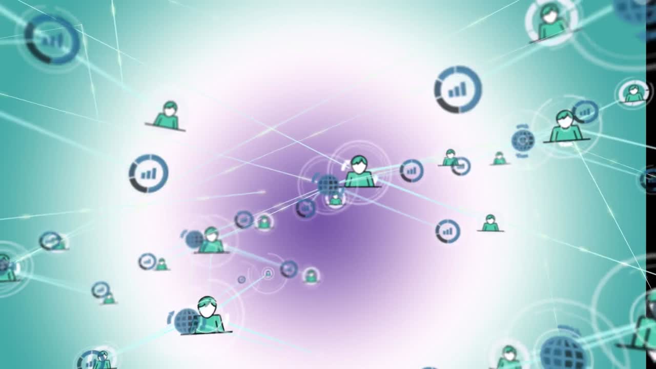 파란색 배경 위에 아이콘으로 연결 네트워크의 애니메이션