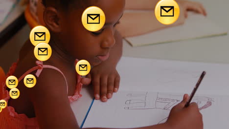 in school, child drawing in notebook with animation of email icons floating