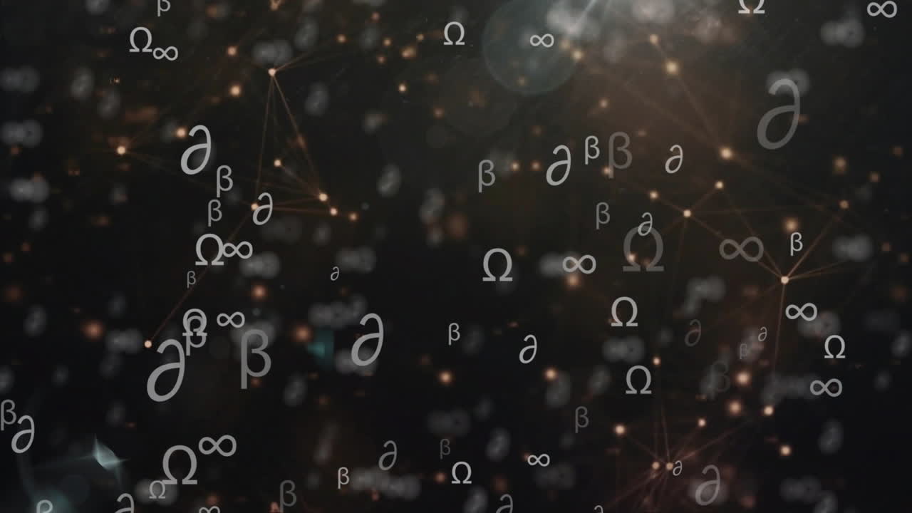 letras griegas y símbolos matemáticos animación sobre fondo oscuro con líneas de conexión