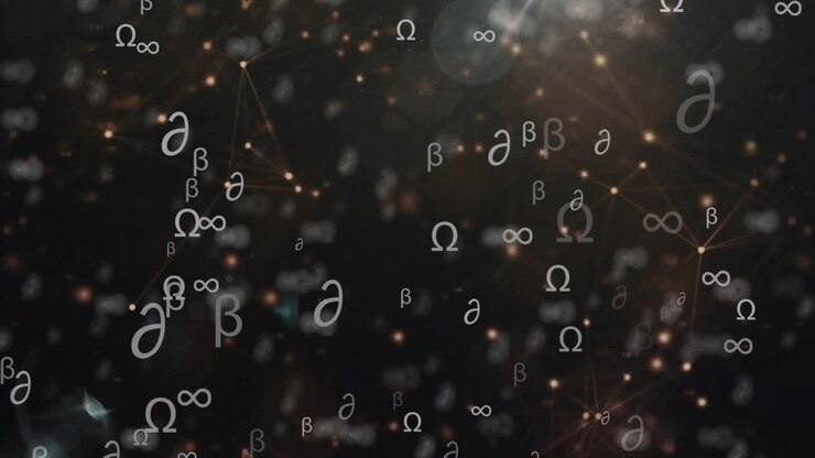 Animazione di lettere greche e simboli matematici su sfondo scuro con linee di connessione