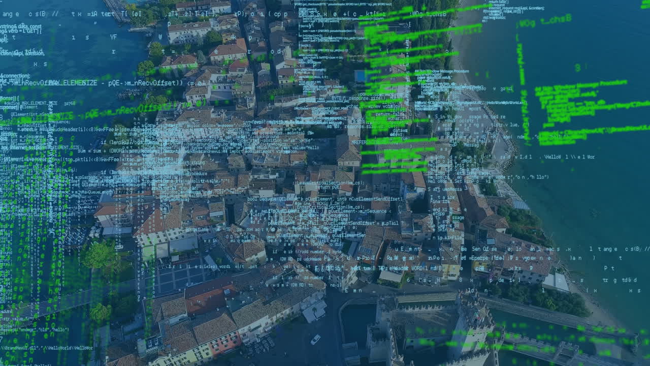 Animation of data processing over cityscape