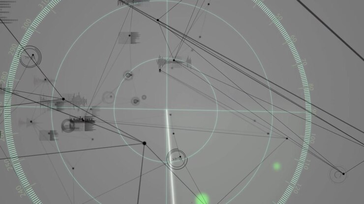 Circular HUD sweep rotating causing links shifting, nodes forming polygon, green blips showing data