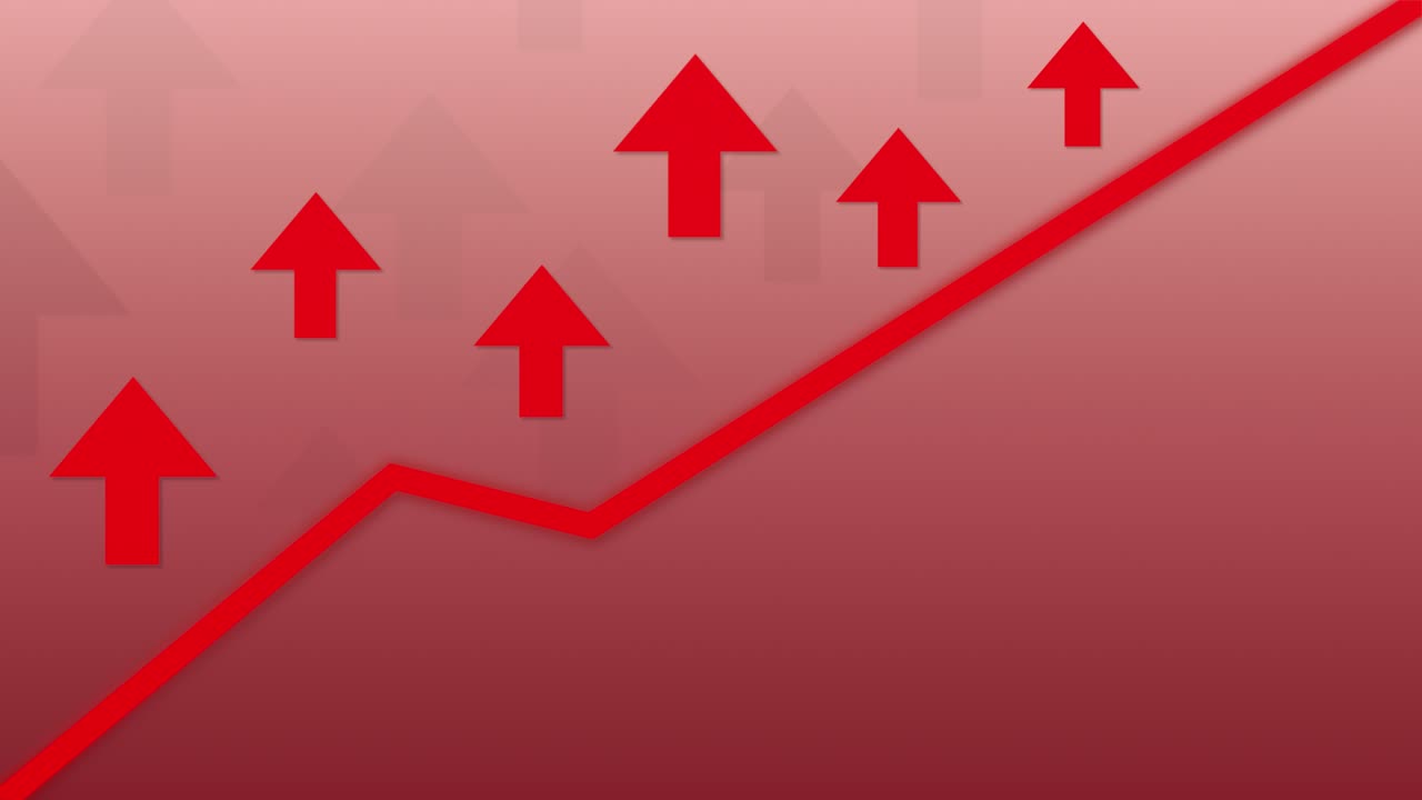 Upward red line and arrows on gradient red background symbolizing rising deaths cases and losses with room for copy