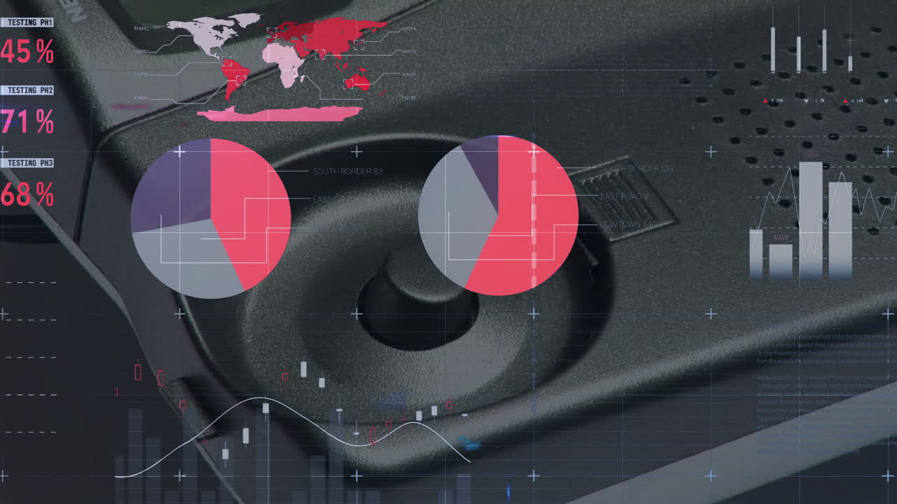 animación de diagrama, procesamiento de datos y mapa del mundo sobre el hombre de negocios que recibe la llamada