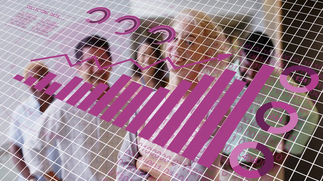 Un team aziendale è in piedi mentre un aggiornamento inizia, un grafico magenta si espande sul team, e anelli riempiono le metriche.