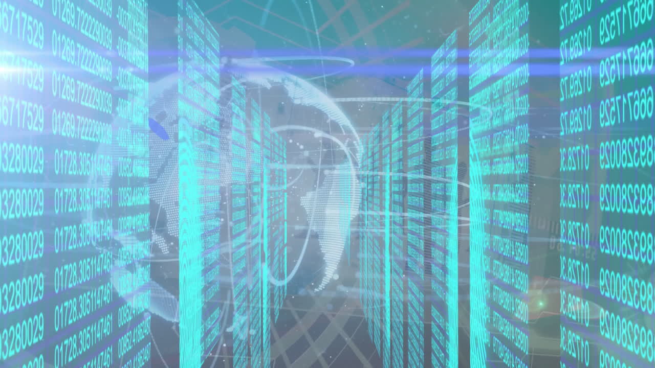 Digital data streams flowing through virtual servers with globe animation overlay