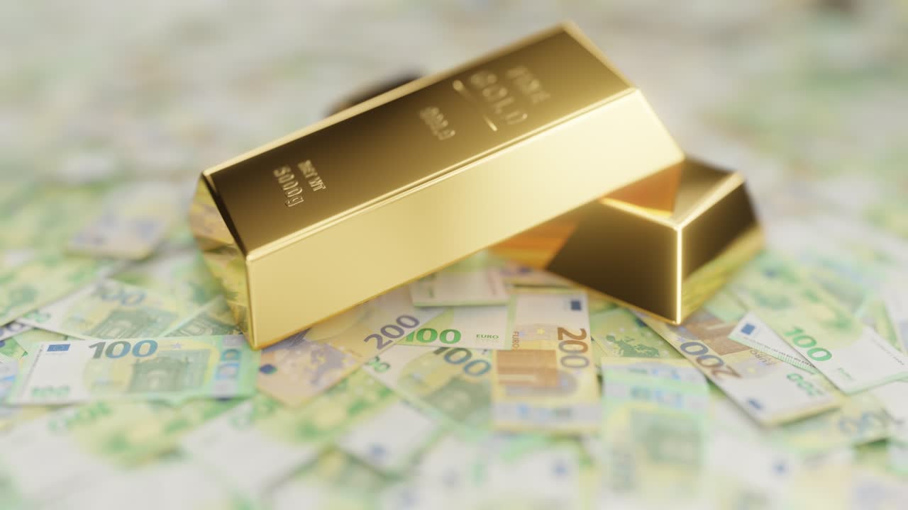 황금 막대기는 유럽 유로 화폐의 지폐에 있습니다.