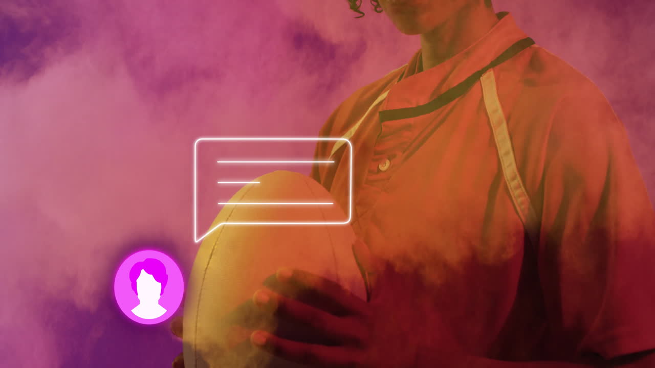 Animation of media icons over biracial female rugby player holding ball