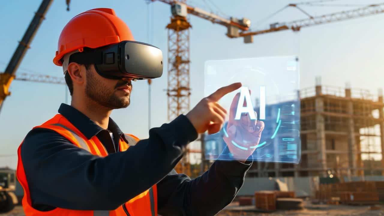 Construction Worker Utilizing Advanced Virtual Reality Technology with AI Integration for Enhanced Project Management and Safety on Site