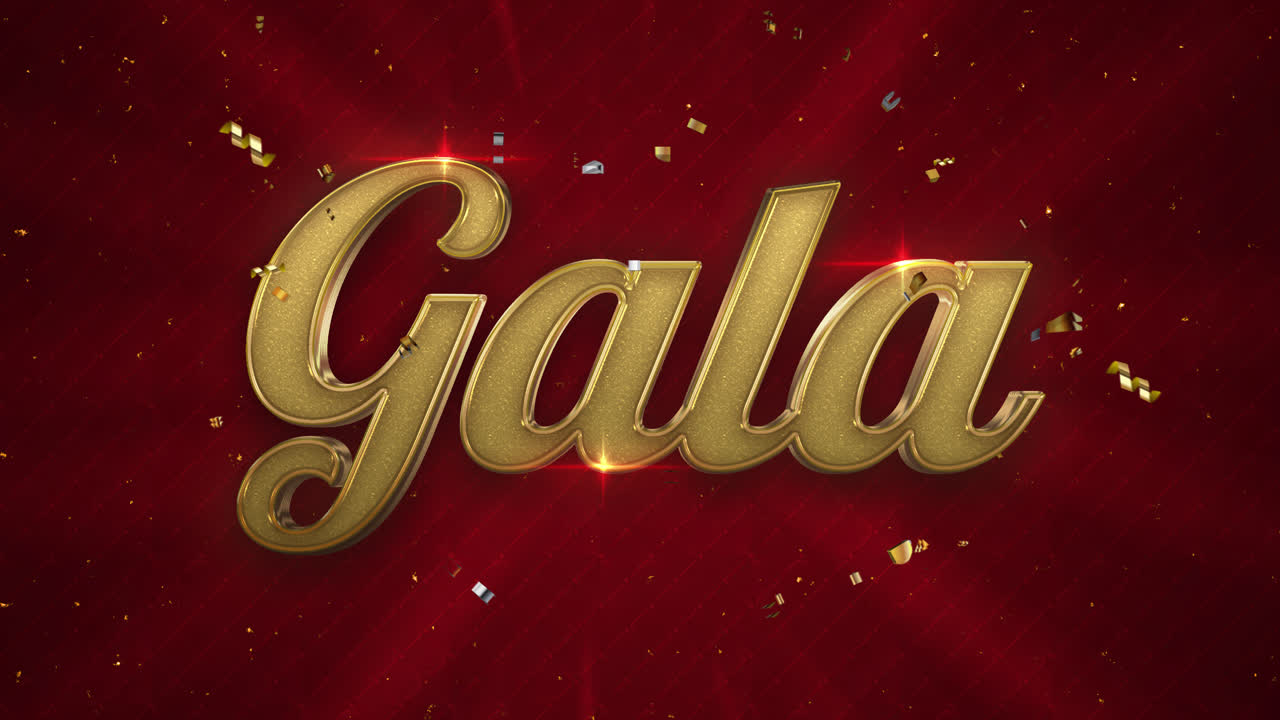 Golden 'Gala' Text on Red Festive Background with Sparkles