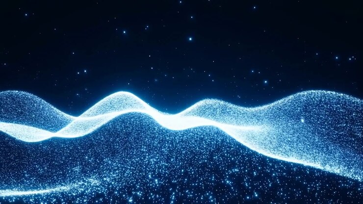 Countless blue light particles ripple in overlapping wave bands beneath scattered points of light, creating a fluid abstract landscape with shimmering texture and deep contrast.