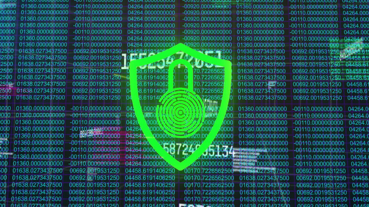 Digital lock animation over green binary code and numerical data background
