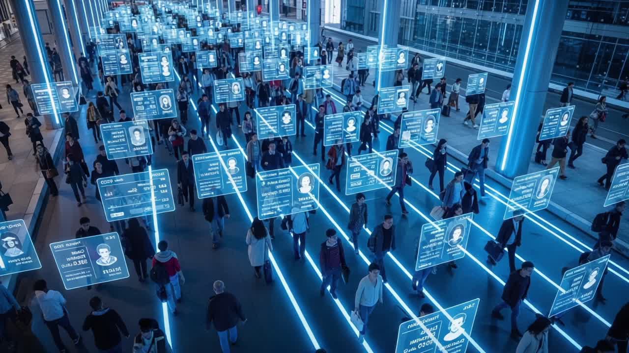 A bustling urban scene illuminated by digital displays showing information about individuals walking in unison, capturing the intersection of technology and daily life in a modern city