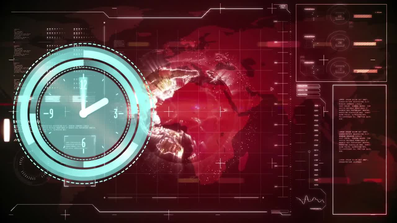 animación del icono del reloj de neón sobre la interfaz con procesamiento de datos contra fondo rojo
