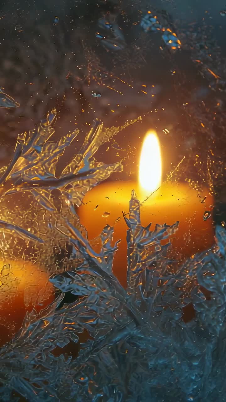 Vertical video: Flickering candle flame through frosted pane casting highlights, droplets dancing